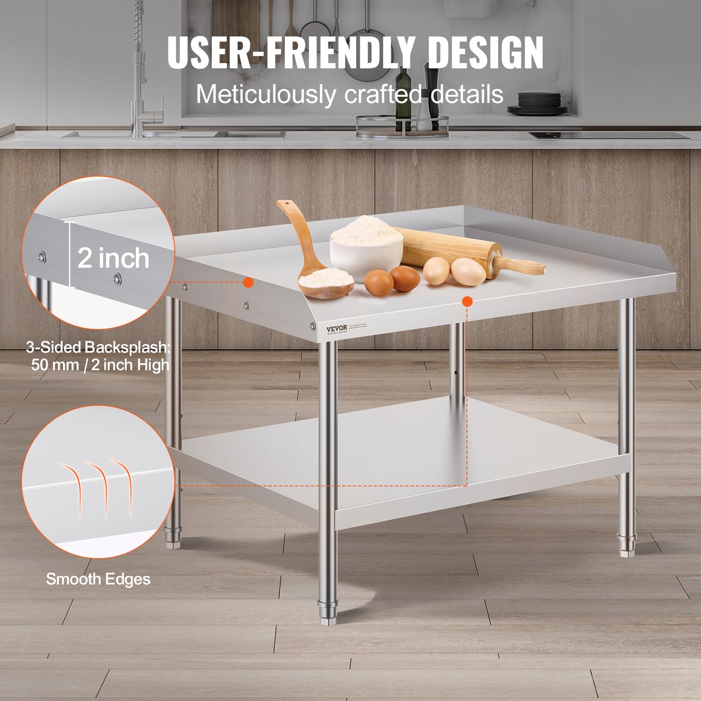 Werktafel – Werkbank – Opbergtafel – Preparatietafel – Roestvrij Staal – 3-zijdige Opstaande Rand – Verstelbare Legplanken