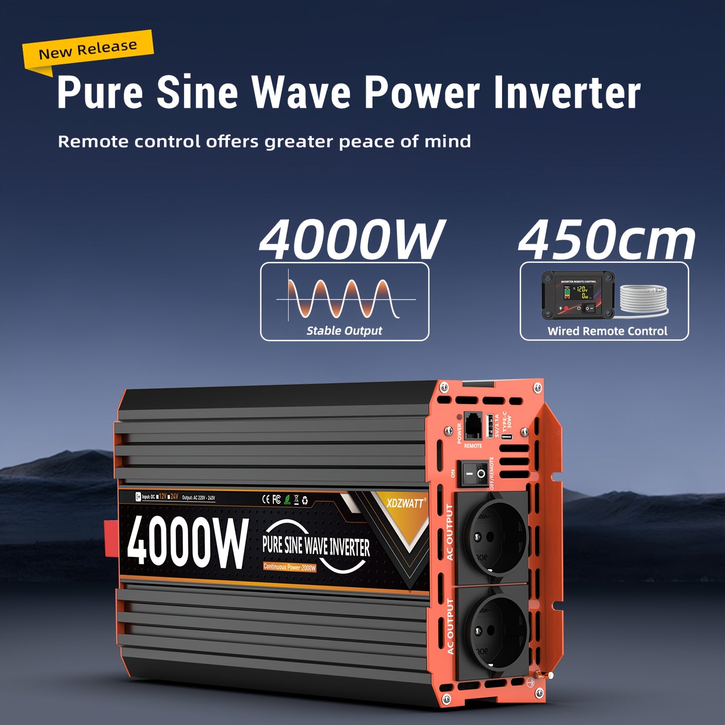Peak Power 4000W Heavy-Duty Car Power Inverter with LCD Display, Continuous 2000W Output, AC Outlets (European Schuko), 2 USB Ports & Type-C, Remote Controller - for RV, Truck, Solar, Boat, Home Backup - Compatible with 12V/2