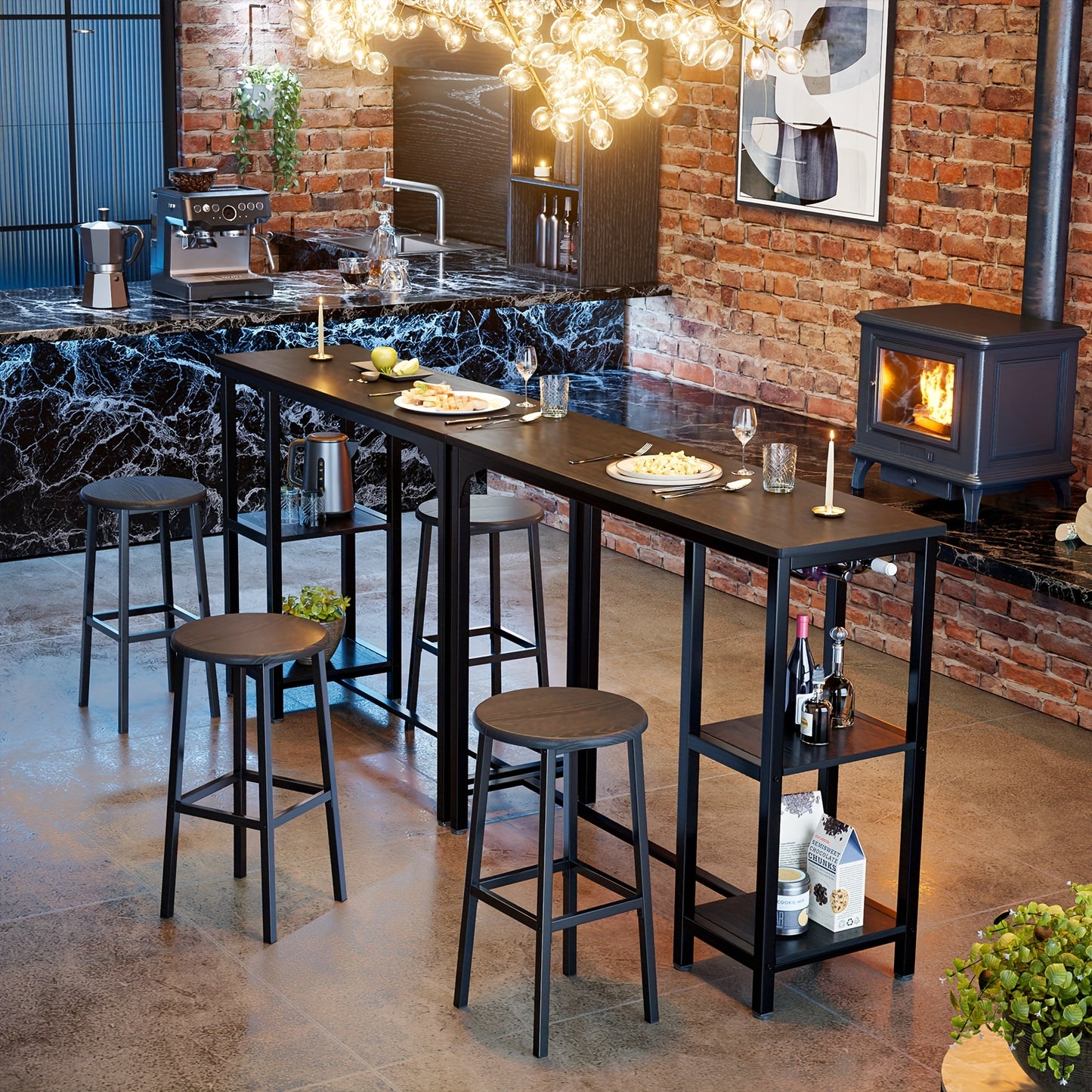 Barset – Barkrukken – Bartafel – Barmeubel – Bistroset – Industrieel Design – Houten Tafelblad – Zwart Gietijzeren Frame