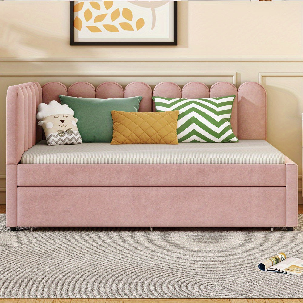 Slaapbank – Bedbank – Logeerbed – Bank – Bed – L-vormige Bedbank Roze Fluweel – Uitschuifbaar Tweepersoonsbed 140x200 cm – Bloemvormige Rugleuning