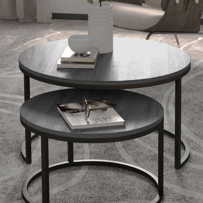 Set Van 2 Bijzettafels – Ronde Salontafel – Nestbare Tafels – Zwarte Tafel – Industrieel Design – Metaal Frame – Compact En Stevig