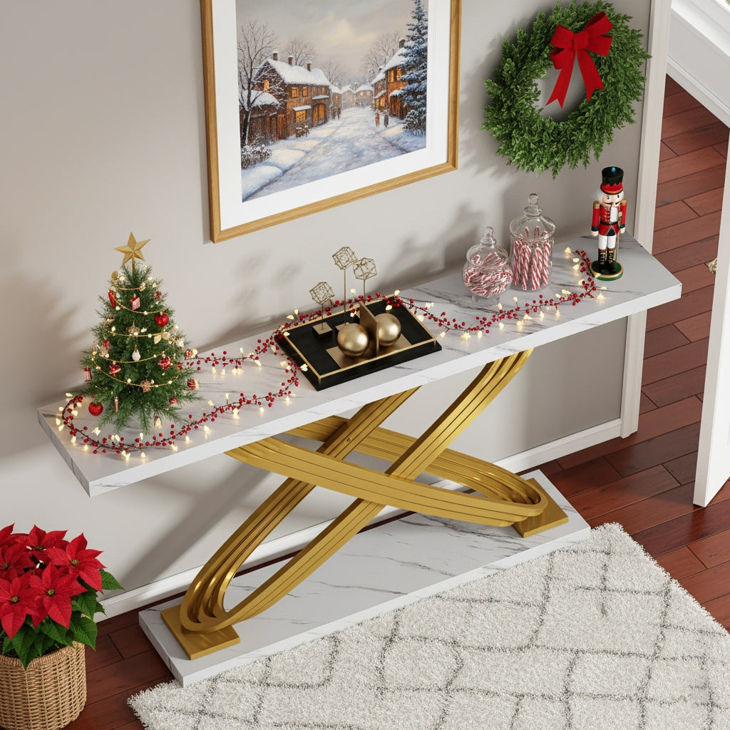 Moderne Sidetable – Console Tafel – Haltafel – Sofa Tafel – Smalle Tafel – Gouden Metaal Frame – Kunstmarmeren Blad – 139,7 cm – Verstelbare Hoogte