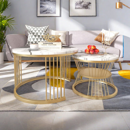 Salontafel – Koffietafel – Bijzettafel – Lage Tafel – Ronde Tafel – Set Van 2 – Marmerlook – Metaal – Groot 70x70x45 cm & Klein 45x45x40 cm
