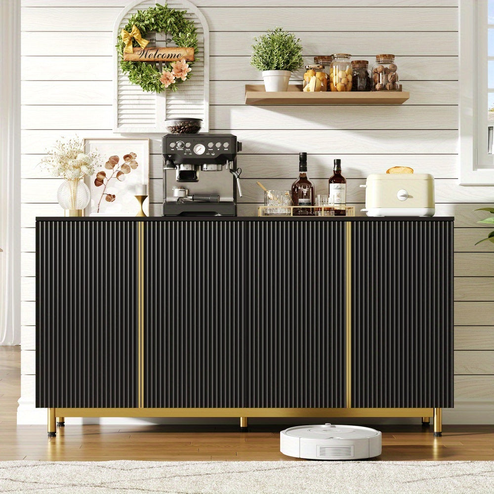Dressoir – Sideboard – Opbergkast – Buffetkast – Kast – Modern Design – 150 cm – Golvende Ribbeldeuren – Verstelbare Metalen Poten – Zwart
