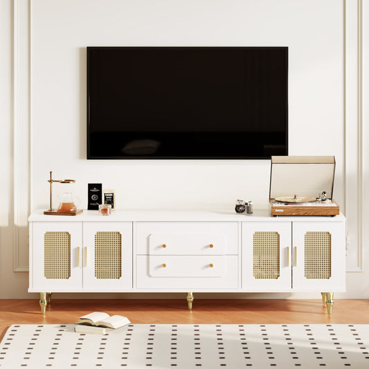 Lowboard – Tv Meubel – Entertainment Center – Media Console – Stijlvolle Kast – Vintage Design – Gouden Handgrepen – Ruime Opbergruimte – Hoogwaardig Materiaal – Wit 178-201 cm