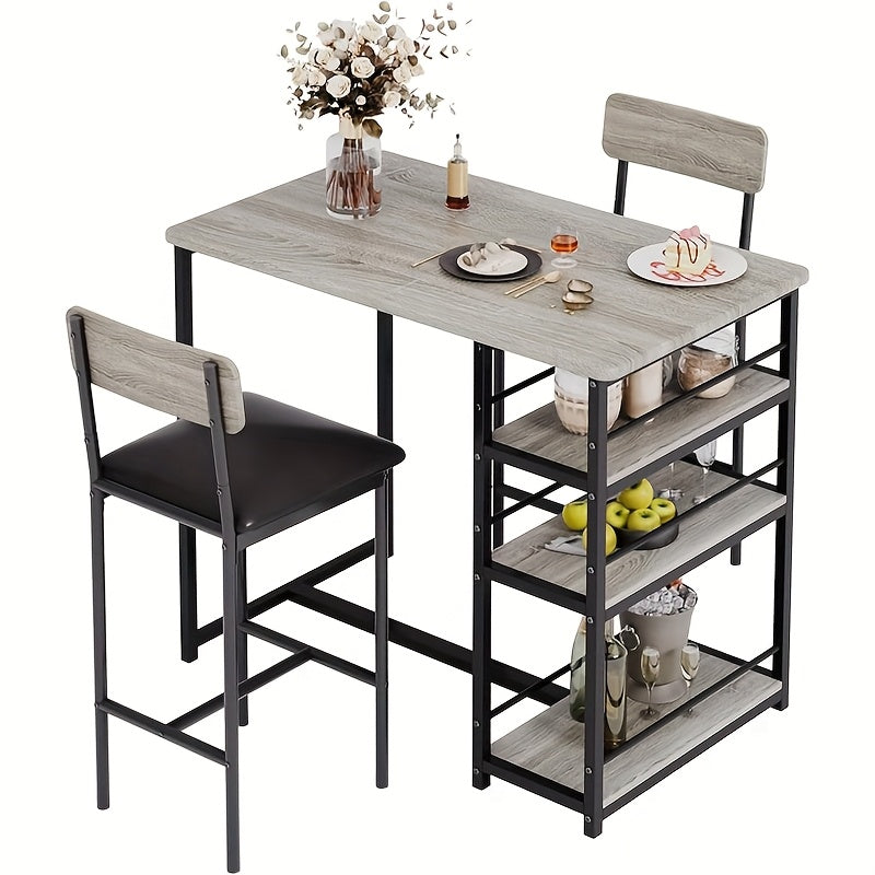 Eettafel Set – Bar Tafel Set – Keukentafel – Bistroset – Kleine Ruimte Meubel – Inclusief Zwart Leren Stoelen – Met Opberglades – Compact Voor Appartement