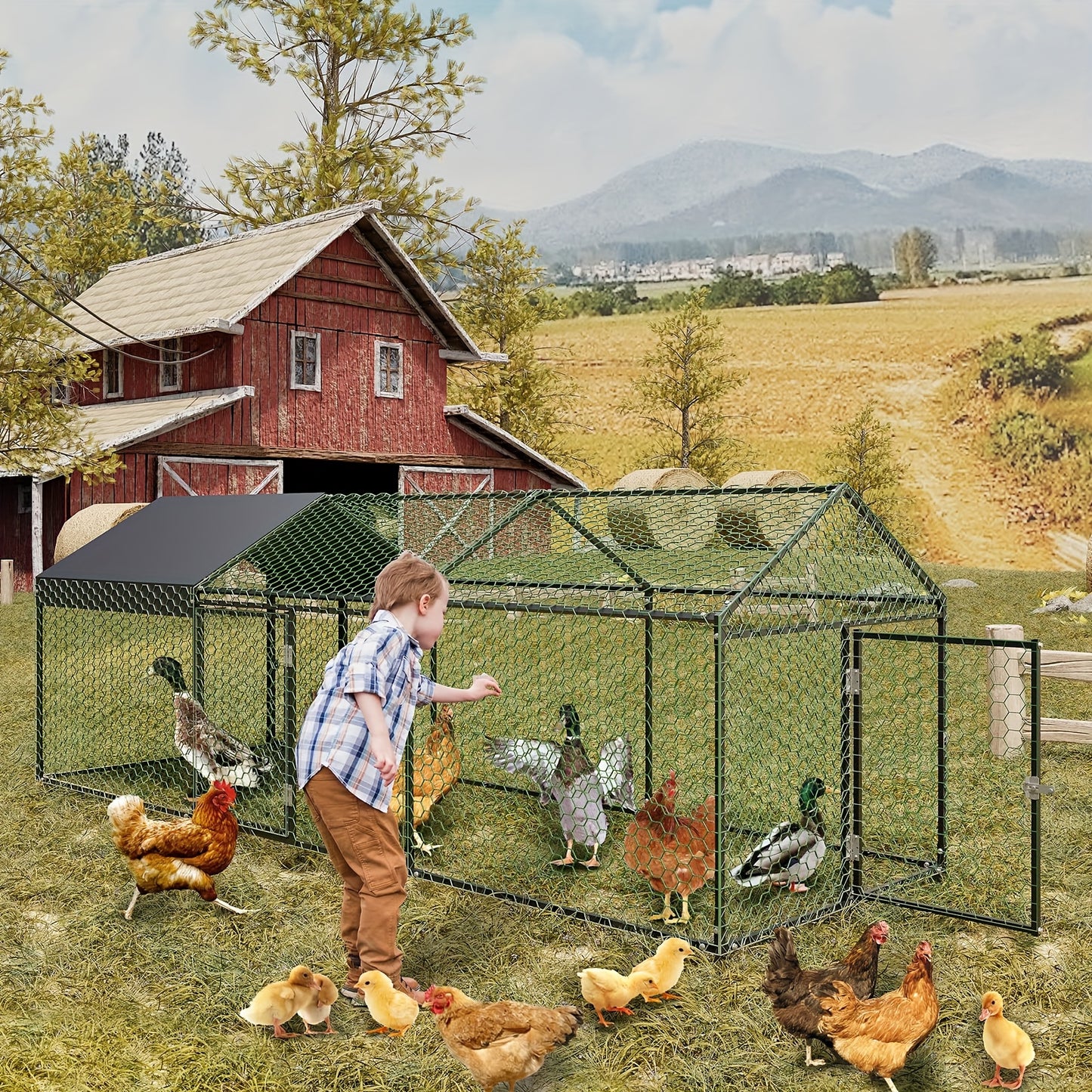 Extra Large Heavy-Duty Metal Chicken Coop with Waterproof UV-Resistant Roof - Extra Long 3.05meter (3.05meter) Run, Walk-In Door & Internal Partition - Spacious 101.6cmWx101.6cmH Poultry Cage for Chickens, Ducks, Geese, Rabbi