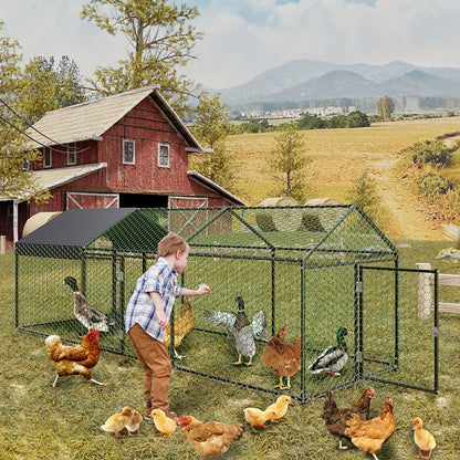 Extra Large Heavy-Duty Metal Chicken Coop with Waterproof UV-Resistant Roof - Extra Long 3.05meter (3.05meter) Run, Walk-In Door & Internal Partition - Spacious 101.6cmWx101.6cmH Poultry Cage for Chickens, Ducks, Geese, Rabbi
