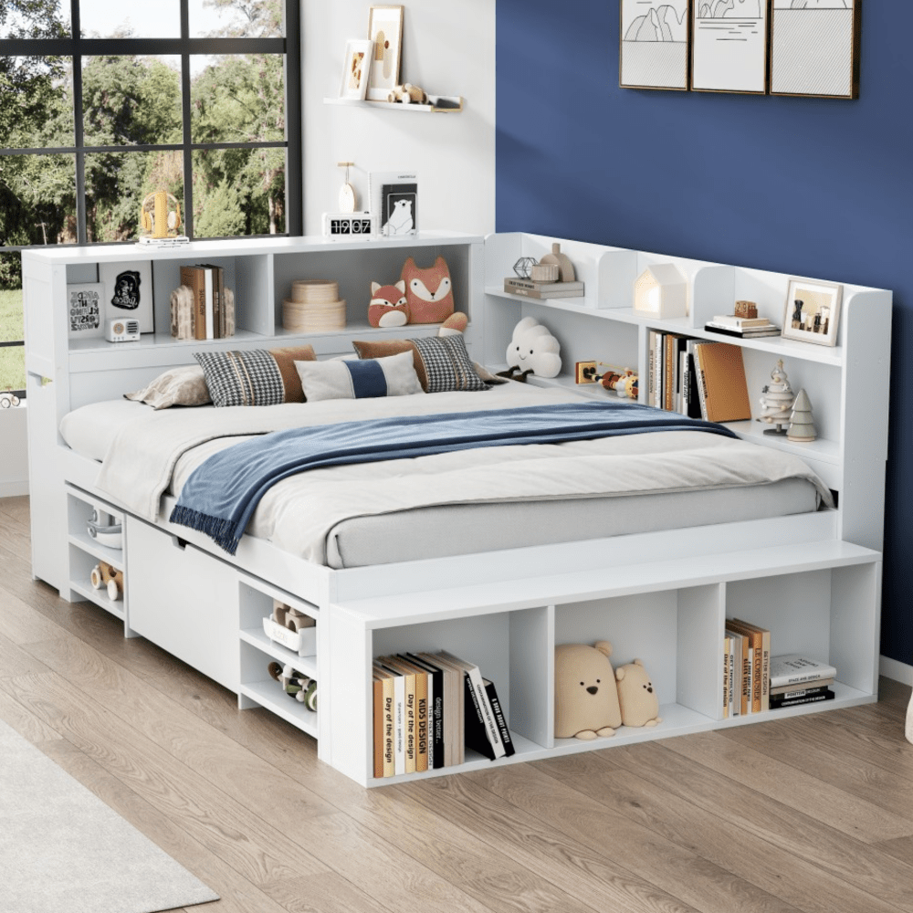 Bedbank – Slaapbank – Logeerbed – Eenpersoonsbed – Multifunctioneel – Ruime Opbergladen – Boekenplank – Lattenbodem – 140x200 cm – Wit