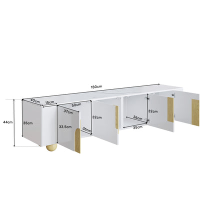 TV-meubel – Tv-kast – Tv-meubelkast – Mediameubel – Dressoir – Wit met houtaccent – 180 cm breed – Marmerlook bovenblad – Vier deuren – Massief houten poten
