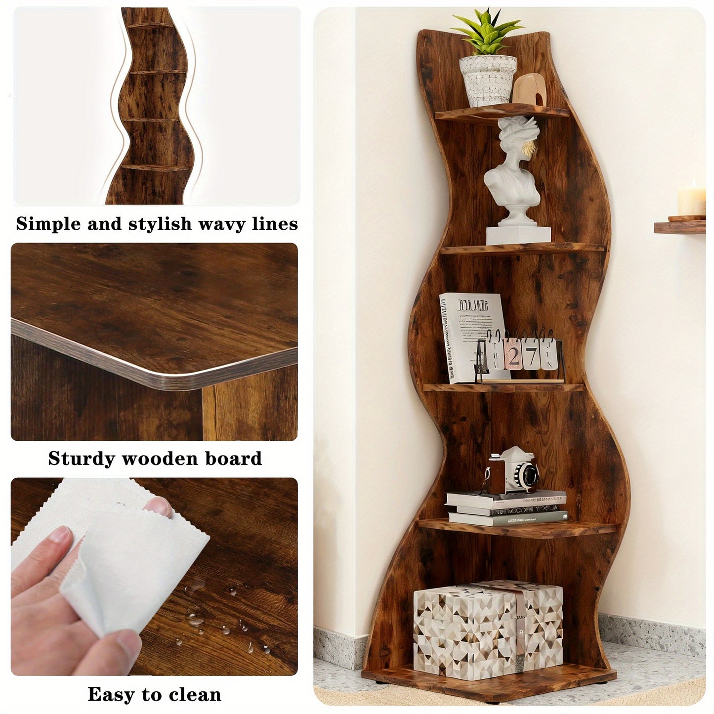 Boekenplank – Boekenrek – Wandplank – Wandrek – Boekenhouder – 5 Laags – Vrijstaand MDF Hout – Golvend Design – Retro Bruin