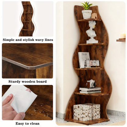 Boekenplank – Boekenrek – Wandplank – Wandrek – Boekenhouder – 5 Laags – Vrijstaand MDF Hout – Golvend Design – Retro Bruin