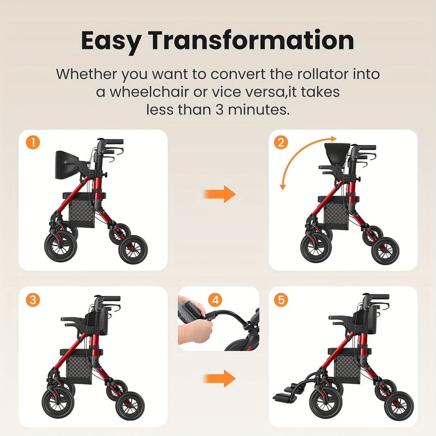 Rollator – Wandelwagen – Looprek – Mobiliteitshulpmiddel – Transportstoel – 2-in-1 Opvouwbaar – Lichtgewicht – Comfortabel Gevoerd Zitje – Draagvermogen 136 kg