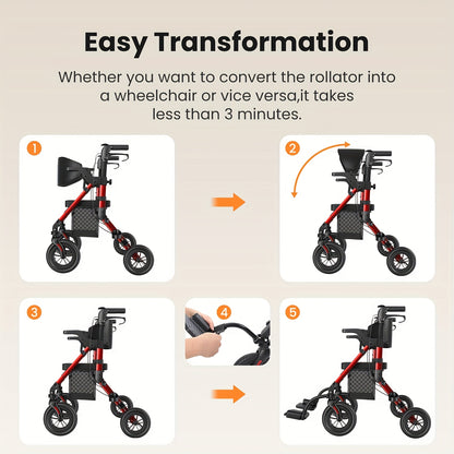 Rollator – Wandelwagen – Looprek – Mobiliteitshulpmiddel – Transportstoel – 2-in-1 Opvouwbaar – Lichtgewicht – Comfortabel Gevoerd Zitje – Draagvermogen 136 kg