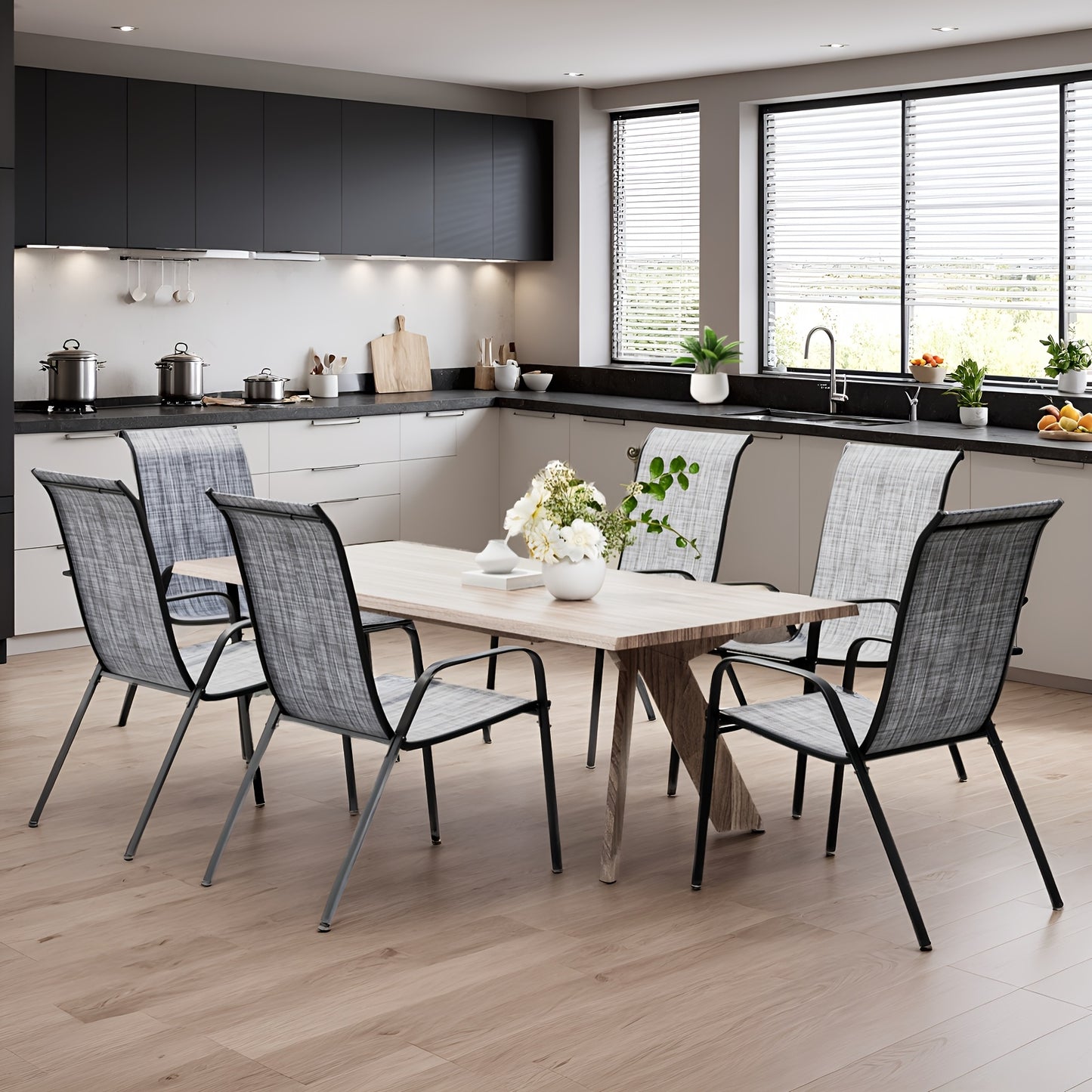 Staple Tuinstoelen – Tuinstoelen – Balkonstoelen – Terrasstoelen – Horecastoelen – Set Van 6 Grijze Stoelen – Stapelbaar Design – Duurzaam Staalframe & Weerbestendig Textilene