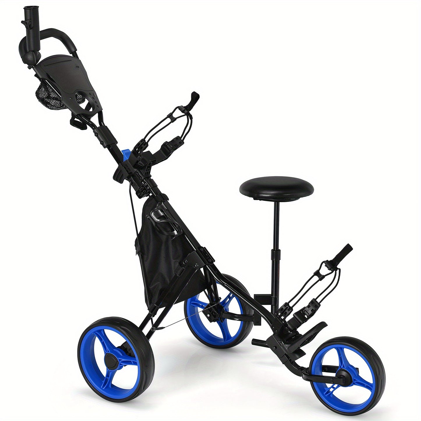 Golf Trolley – Golfkar – Golfwagen – Golfbuggy – Golfkarretje – Lichtgewicht 3-Wieler – Verstelbaar Zitje en Handvat – Duurzaam PP Materiaal – Inclusief Parapluhouder en Voetrem – Zwart