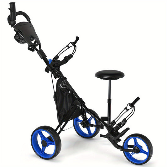 Golf Trolley – Golfkar – Golfwagen – Golfbuggy – Golfkarretje – Lichtgewicht 3-Wieler – Verstelbaar Zitje en Handvat – Duurzaam PP Materiaal – Inclusief Parapluhouder en Voetrem – Zwart
