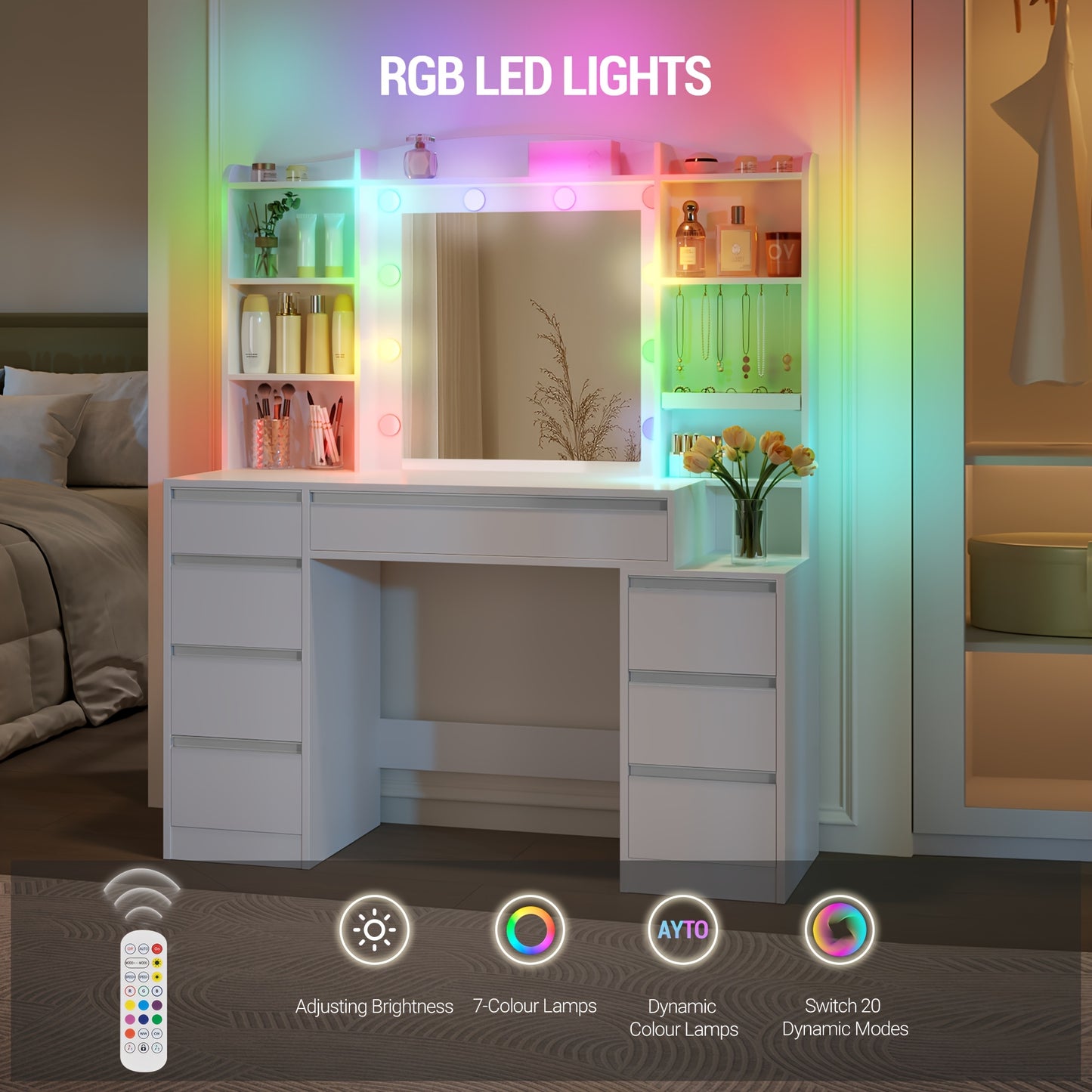 Make-up Tafel – Schminktisch – Vanity – Make-up Station – Dressing Table – RGB LED Verlichting – 100 cm Breed – 8 Laden Met Sieradenopslag