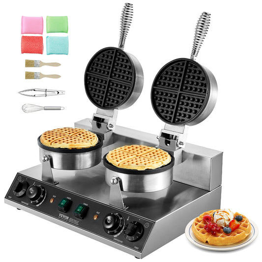 Wafelijzer – Wafelmaker – Wafelapparaat – Wafelijzer Rond – Dubbelzijdig – RVS – 2460W Vermogen – Instelbare Temperatuur