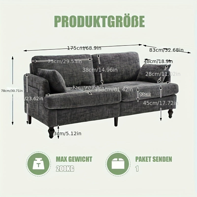 2-zits bank – loveseat – tweezitsbank – kleine bank – compact sofa – grijs chenille – direct gebruiksklaar – zijopbergzak