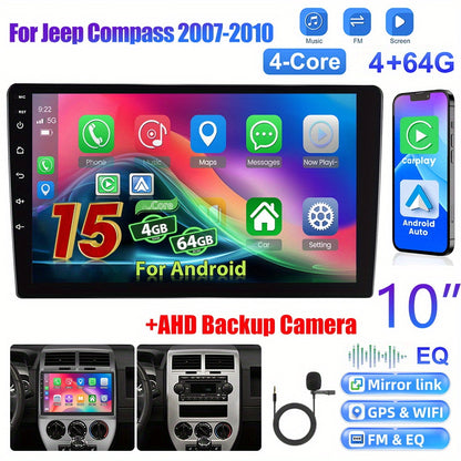[4+64G] 25.4 cm Android 15 Radio Double Din Car Stereo for Jeep Compass 2007-2010 with Wireless Carplay Android Auto, 1080P Touch Screen Radio WiFi/ Bluetoo/ FM/ SWC/ Mirror Link/ Backup Camera/ MIC/ 32 EQ