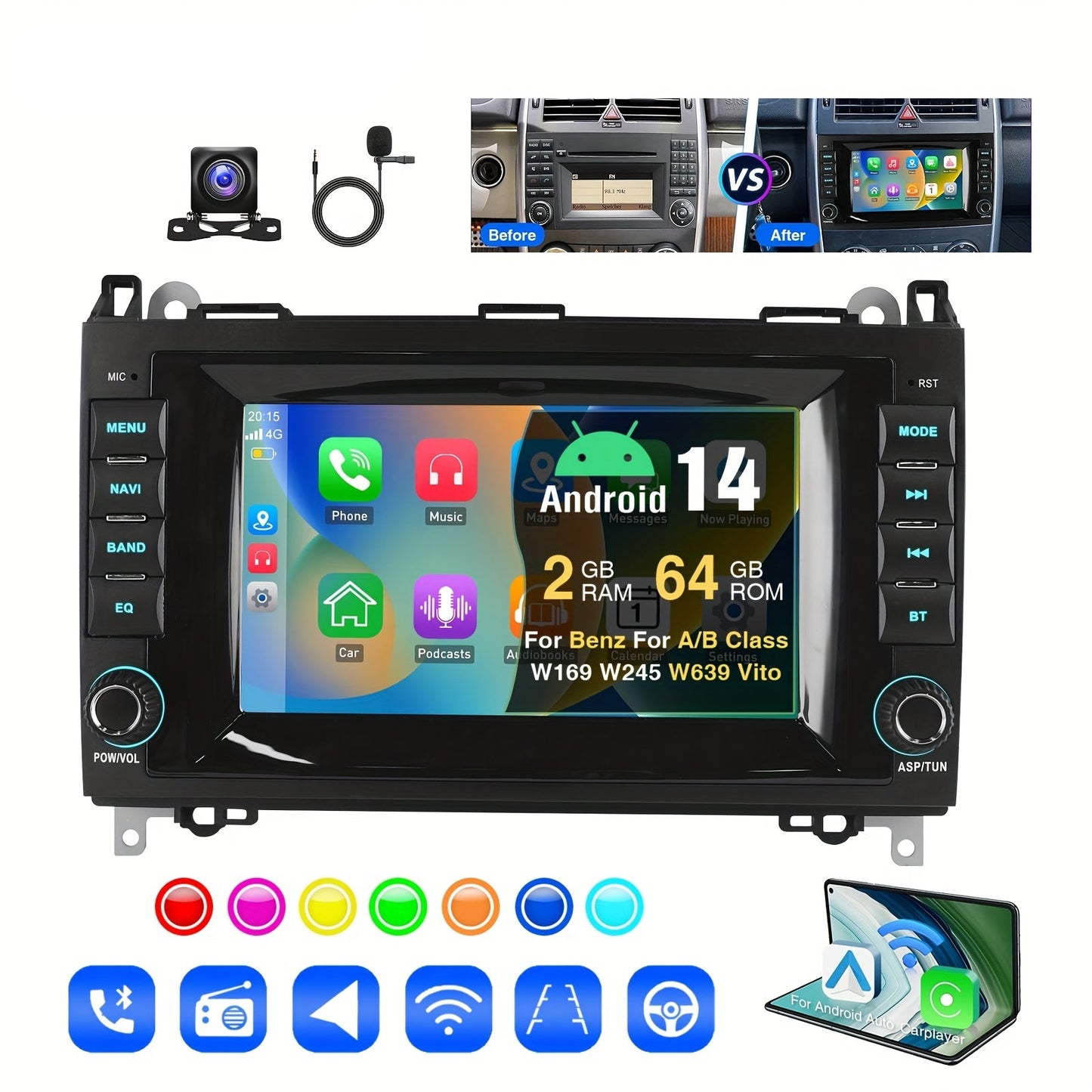 Android Auto Radio – Auto Stereo – Multimedia Speler – Navigatiesysteem – Draadloze CarPlay – 7 Inch HD Touchscreen – Android 14 Systeem – AHD Achteruitrijcamera Met Microfoon