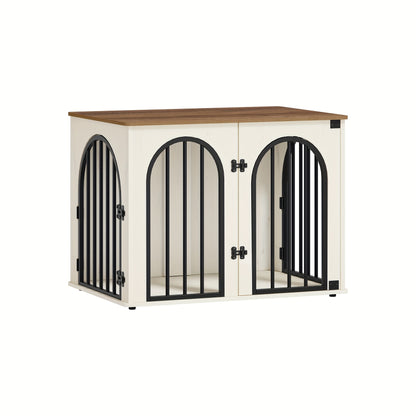 Hondenbench – Hondenkooi – Hondenkooi Meubel – Hondenhok – Huisdier Bench – 3 Deuren & Boogvormige Ingang – Stevig Hout en Metaal – 56 x 80 x 61 cm – Wit Bruin
