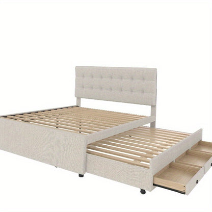 Gestoffeerd Tweepersoonsbed – Double Bed – Familiebed – Huwelijksbed – Opbergbed – 140x200 cm – Verstelbaar Hoofdbord – Beige Bekleding