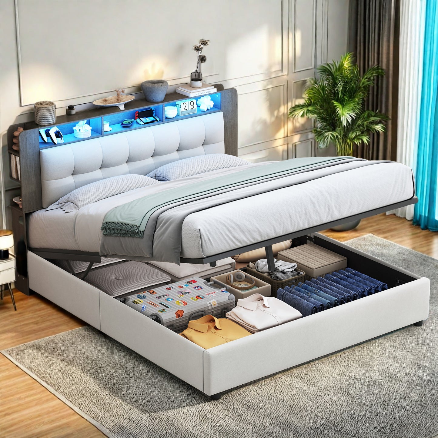 Opbergbed Double Bed – Bed Frame – Boxspring – Bedkast – Slaapbank – 160x200 cm – Verstelbare LED-Verlichting – USB Laadfunctie