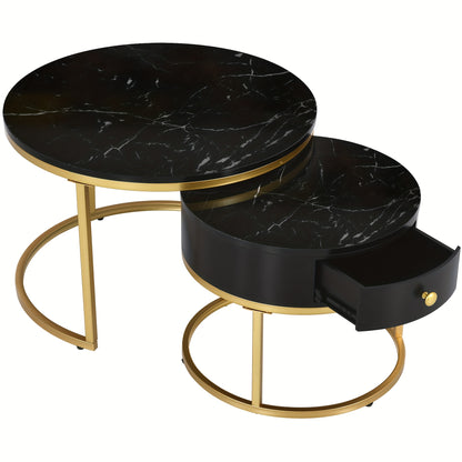 Salontafel – Koffietafel – Bijzettafel – Ronde Tafel – Woonkamertafel – Hoogglans – Imitatie Marmer Structuur – Twee Maten – Zwart