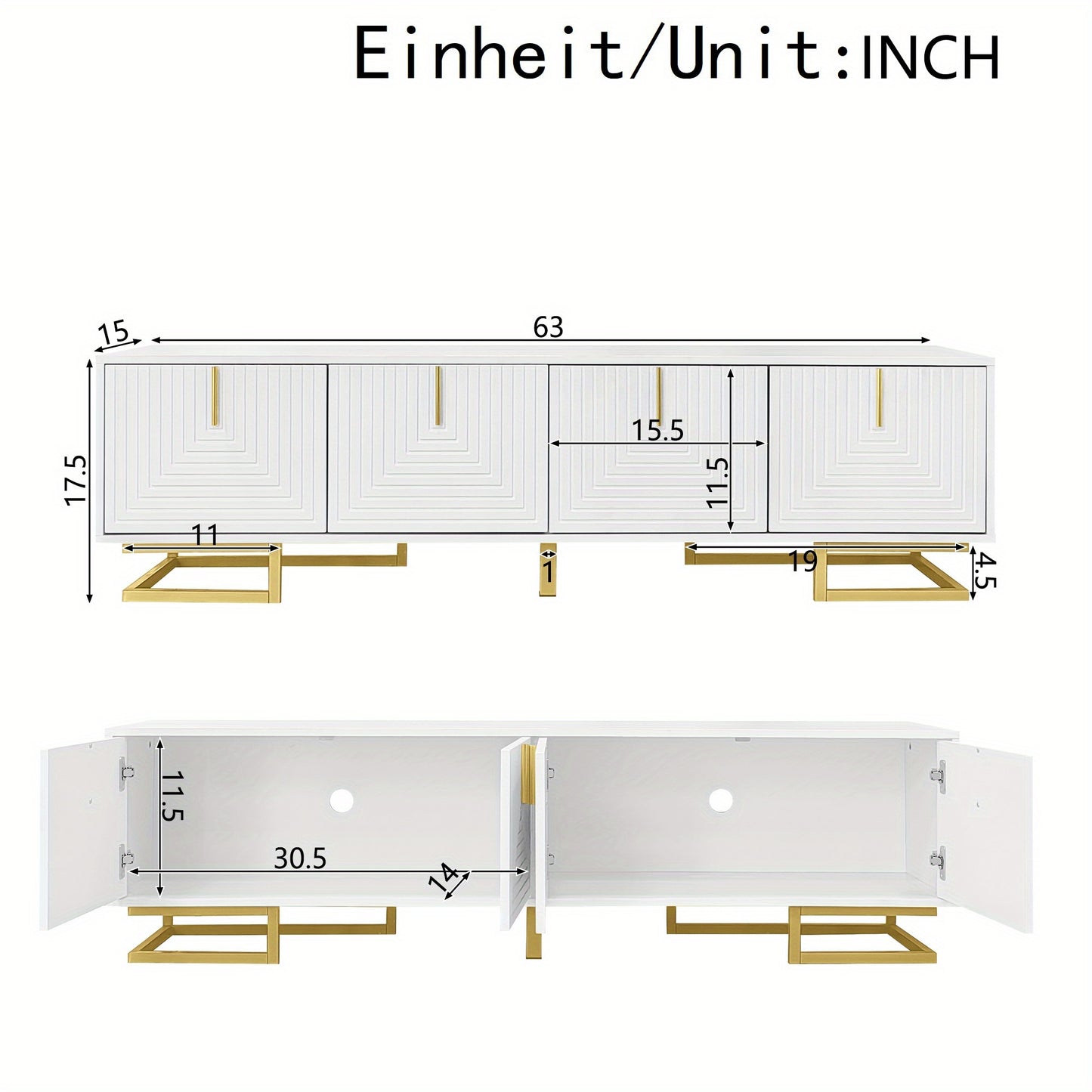 Modern Low-Profile TV Cabinet with Textured Doors & Golden Handles/Legs - -Standing Media Console, Ample Storage Space Suitable for, (No Wood)