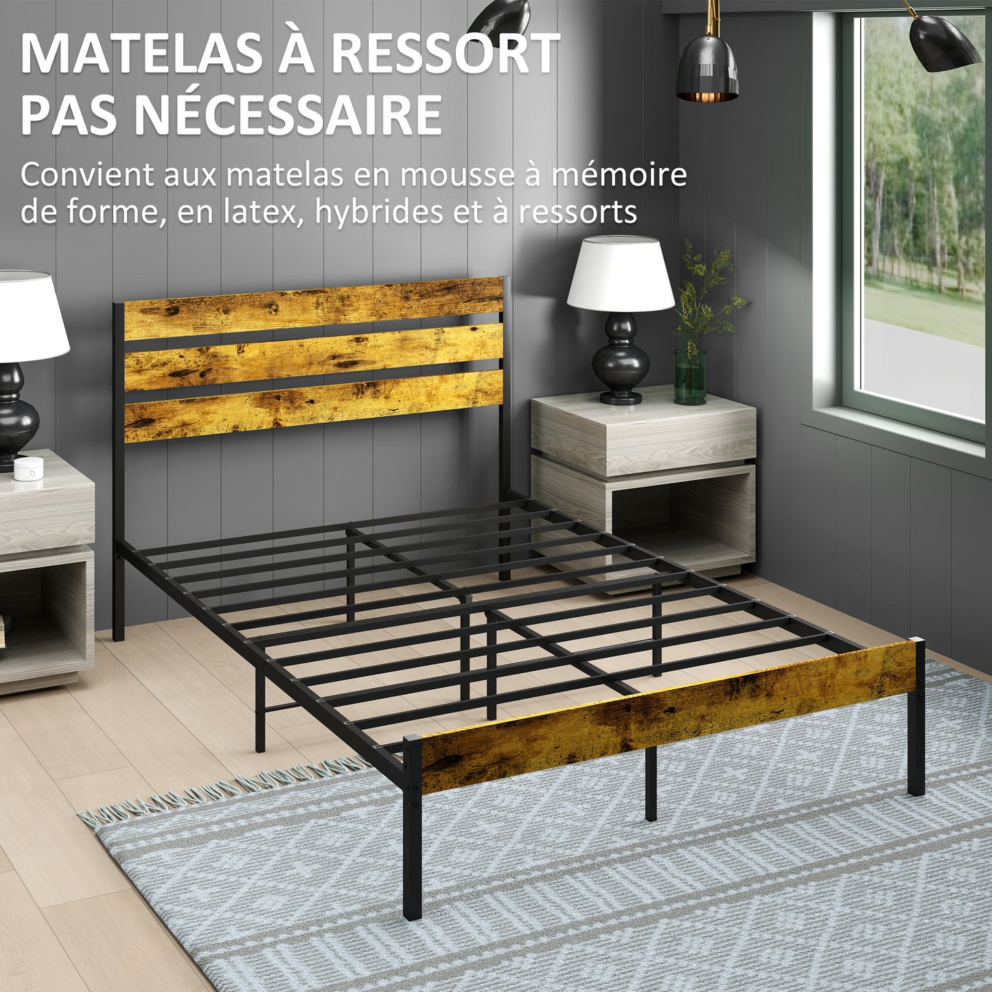 Tweepersoonsbed – Bedframe – Boxspringbed – Industrieel Bed – Slaapbed – Industrieel Design – Stevig Stalen Frame – Ruime Opbergruimte Onder Bed – Geschikt Voor Matras 140x200 cm
