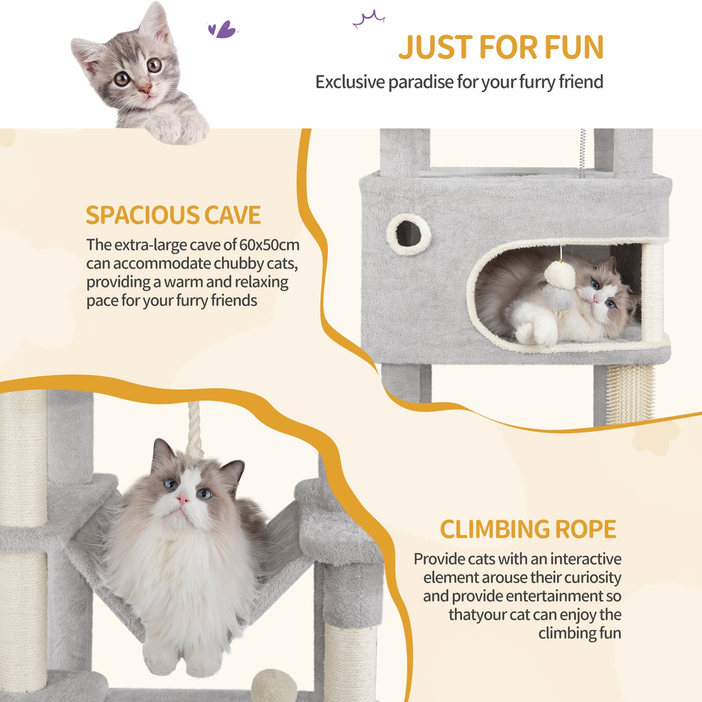 Krabpaal – Kattenboom – Kattenmeubel – Kattenhuis – Krabtoren – 203 cm Hoog – 7 Sisal Krabpalen Met Grote Platforms En Holletjes – Lichtgrijs/Donkergrijs/Beige