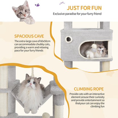 Krabpaal – Kattenboom – Kattenmeubel – Kattenhuis – Krabtoren – 203 cm Hoog – 7 Sisal Krabpalen Met Grote Platforms En Holletjes – Lichtgrijs/Donkergrijs/Beige