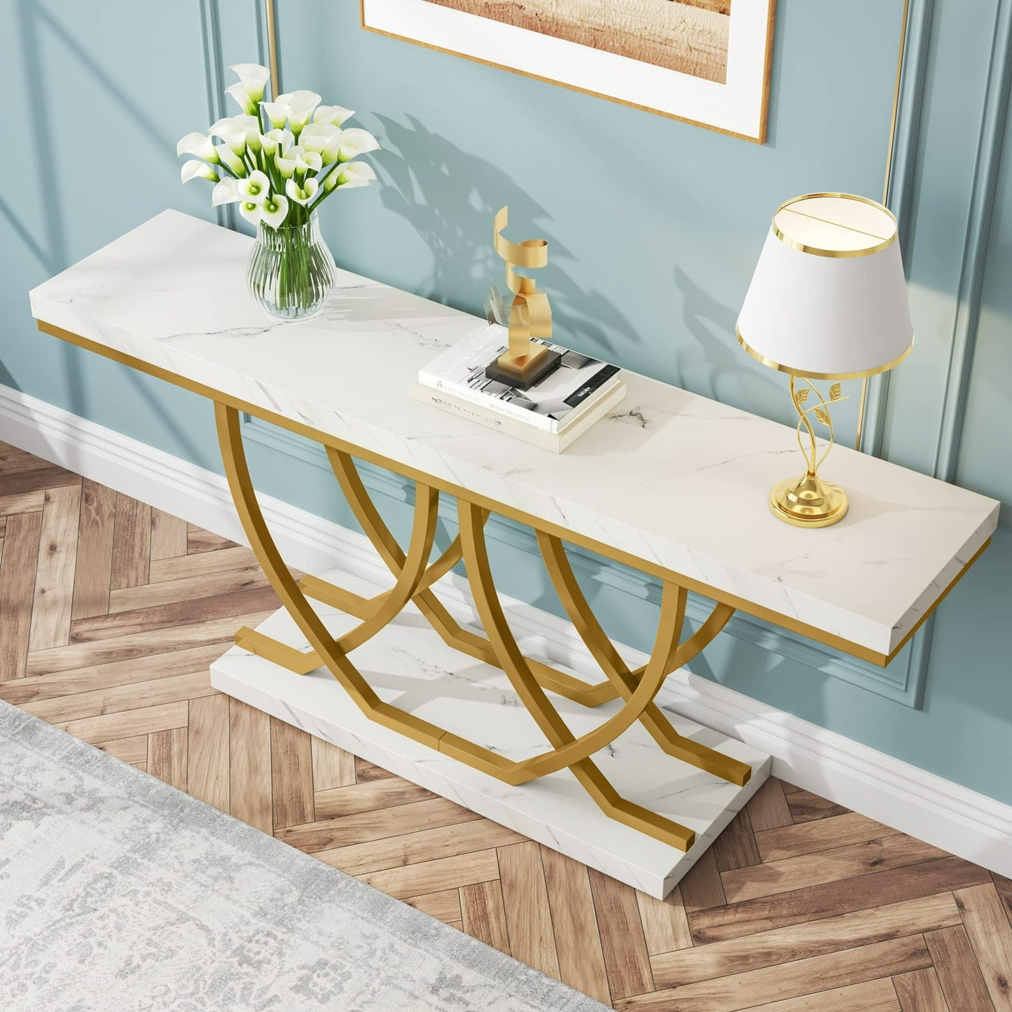 Moderne Sidetable – Console Tafel – Sofa Tafel – Haltafel – Wandtafel – Wit met Gouden Kunstmarmer – Slank 59 Inch