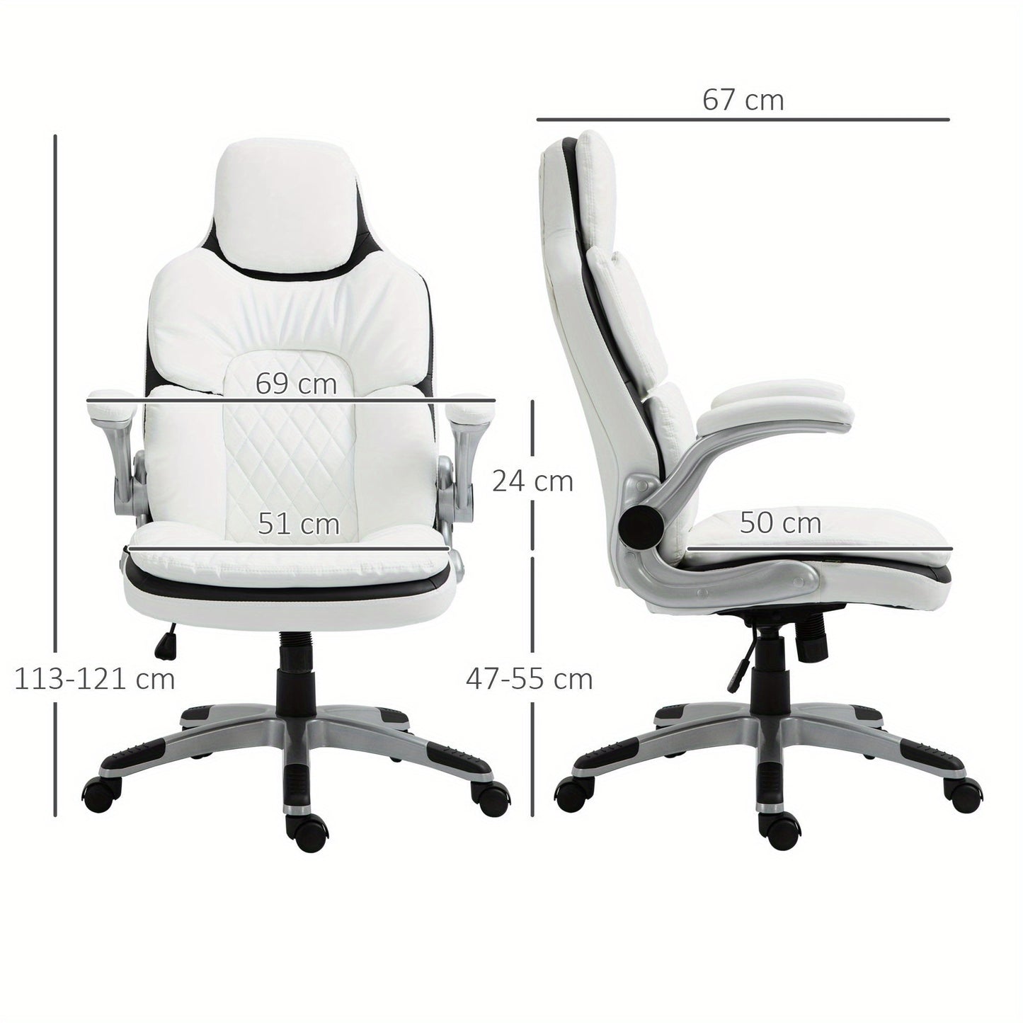 Ergonomische Bureaustoel – Kantoorstoel – Werkstoel – Thuiswerkstoel – Bureaustoel Met Witte PU Bekleding – Verstelbare Zithoogte – Inklapbare Armleuningen Met Schommelfunctie