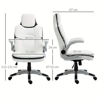 Ergonomische Bureaustoel – Kantoorstoel – Werkstoel – Thuiswerkstoel – Bureaustoel Met Witte PU Bekleding – Verstelbare Zithoogte – Inklapbare Armleuningen Met Schommelfunctie