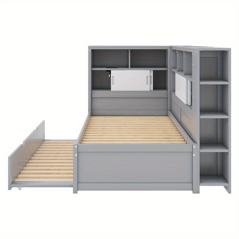 Daybed Grijs – Bedbank – Slaapbank – Logeerbed – Kinderbed – Met Uitschuifbaar Bed – Opbergruimte – 90x200 & 90x190 cm – Zonder Matras