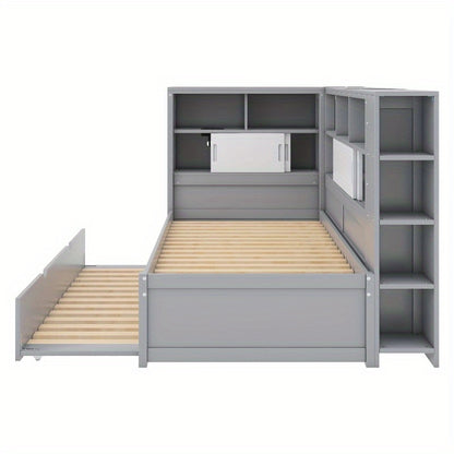 Daybed Grijs – Bedbank – Slaapbank – Logeerbed – Kinderbed – Met Uitschuifbaar Bed – Opbergruimte – 90x200 & 90x190 cm – Zonder Matras