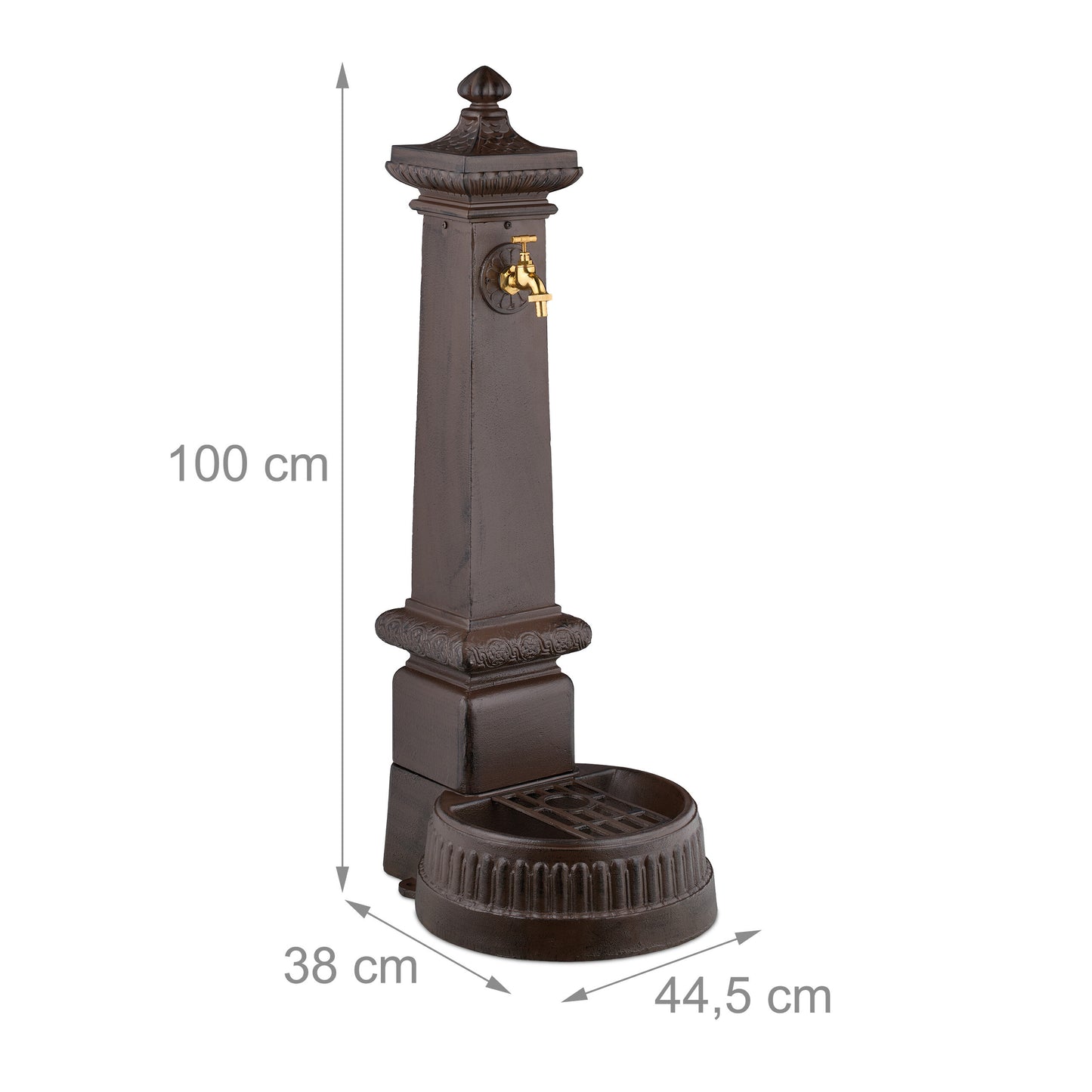 Waterzuil – Tuinkraan – Buitenkraan – Waterfontein – Antieke Tuinkraan – Donkerbruin Met Gouden Kraan – Gietaluminium En Staal – 100 Cm Hoog