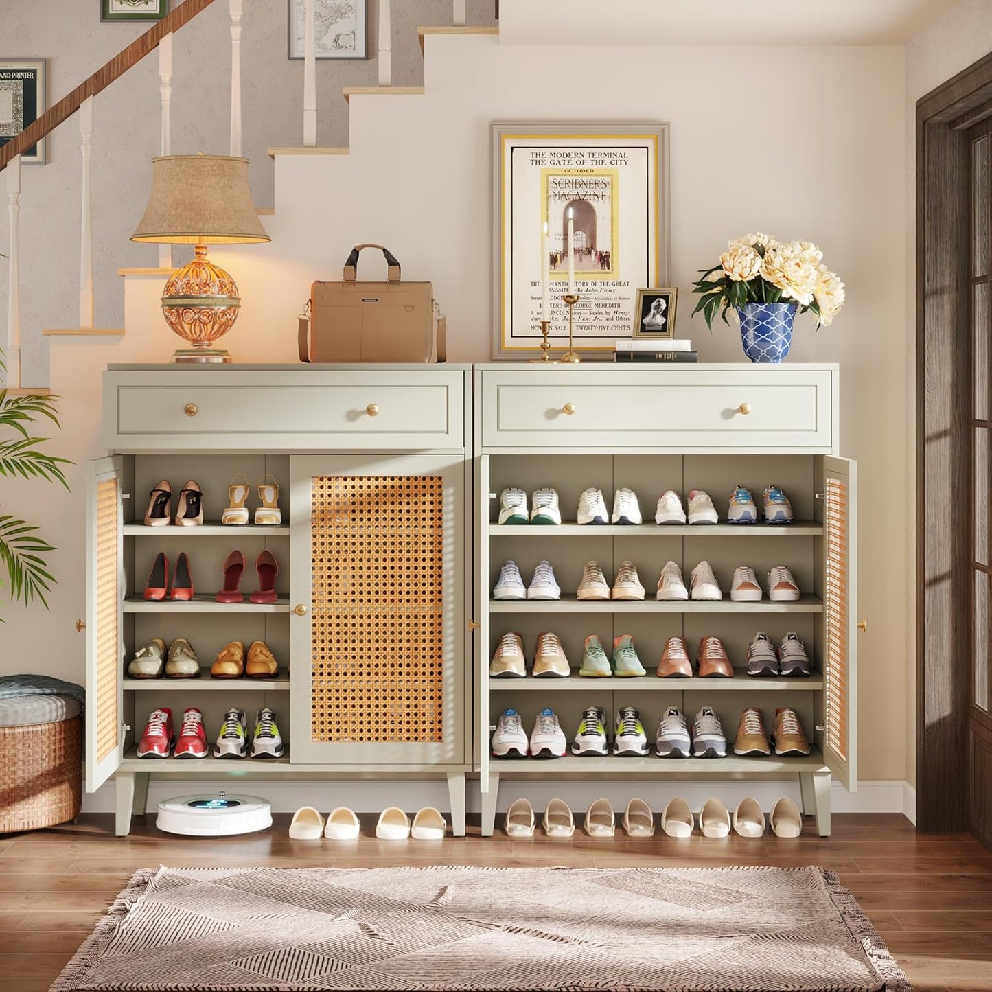 Schoenenkast – Schoenmeubel – Schoenenrek – Schoenopberger – Schoenenschuif – Verstelbare Planken – Duurzaam MDF – Wit Mintgroen – Extra Lade – Vloerbescherming