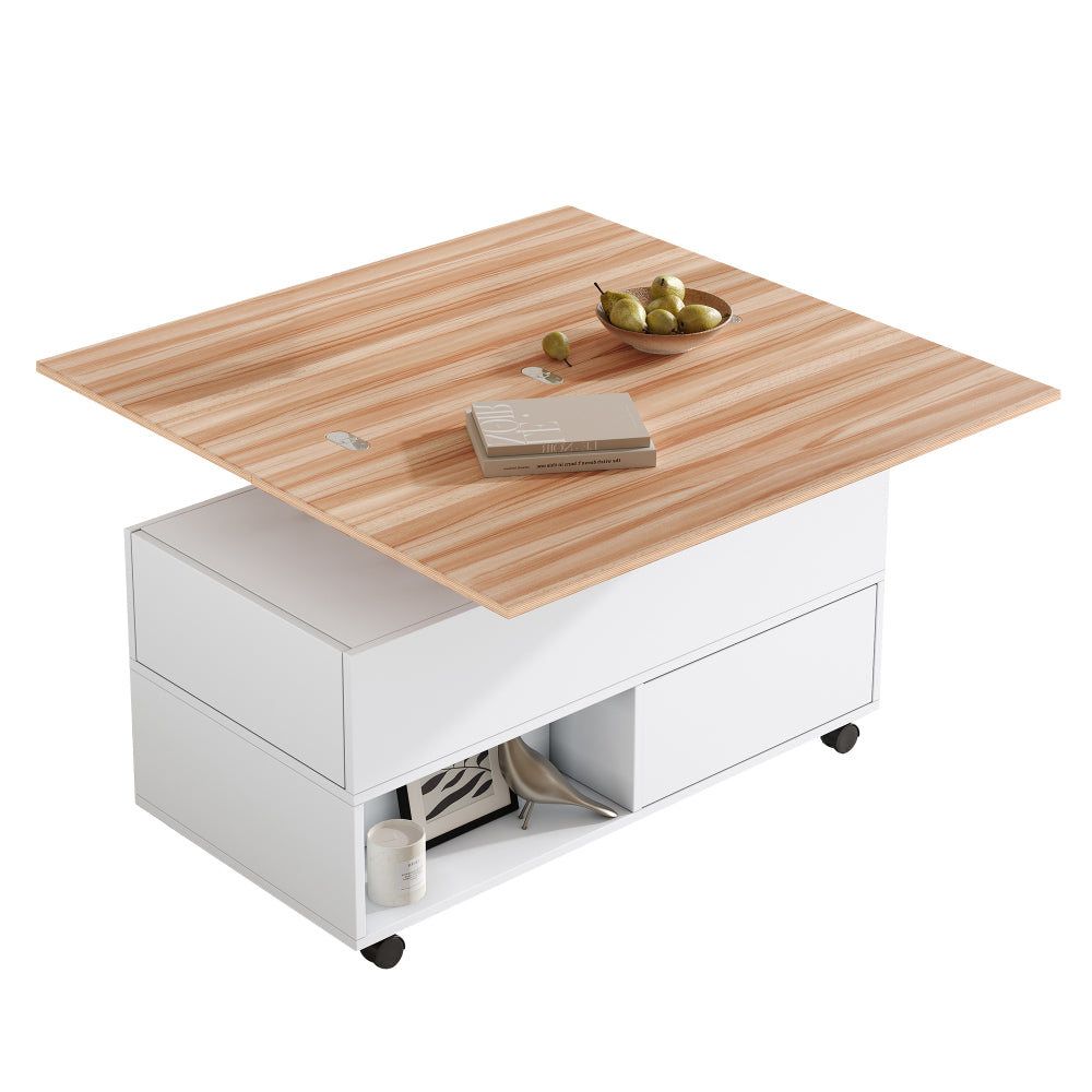 Salontafel – Koffietafel – Tafel – Bijzettafel – Woonkamertafel – Wit Zwart – Verstelbaar Blad Met Wieltjes – Metalen Frame – 4 Laden & Extra Opbergruimte – 100x50x52 cm