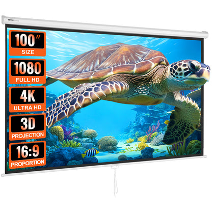 Projectiescherm – Oprolbaar Scherm – Beamer Screen – Presentatiescherm – Bioscoopscherm – 254 cm Breed – Hoogreflecterend PVC – Handmatig Uitschuifbaar – Geschikt Binnen & Buiten