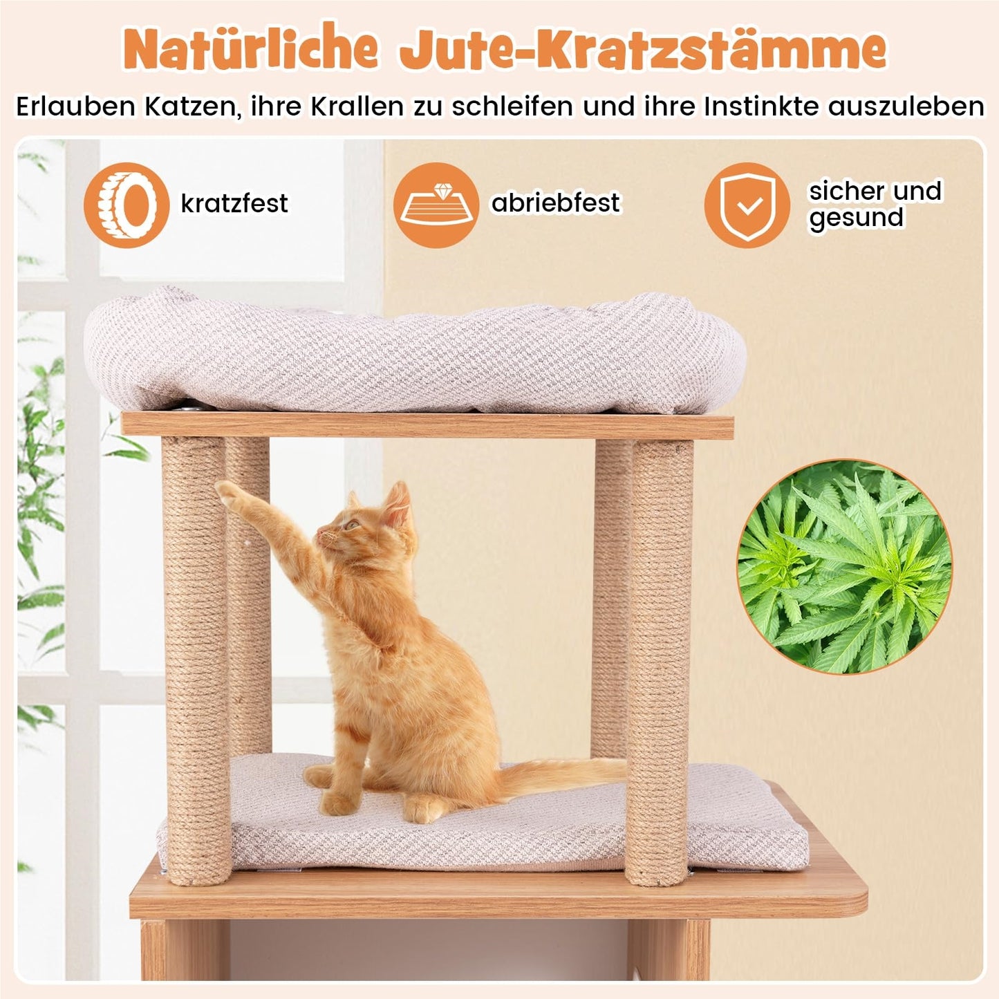 Krabpaal – Kattenboom – Kattenmeubel – Krabton – Krabhuis – 120 cm Hoog – Houten Structuur Met Hangmat Basketbal Design