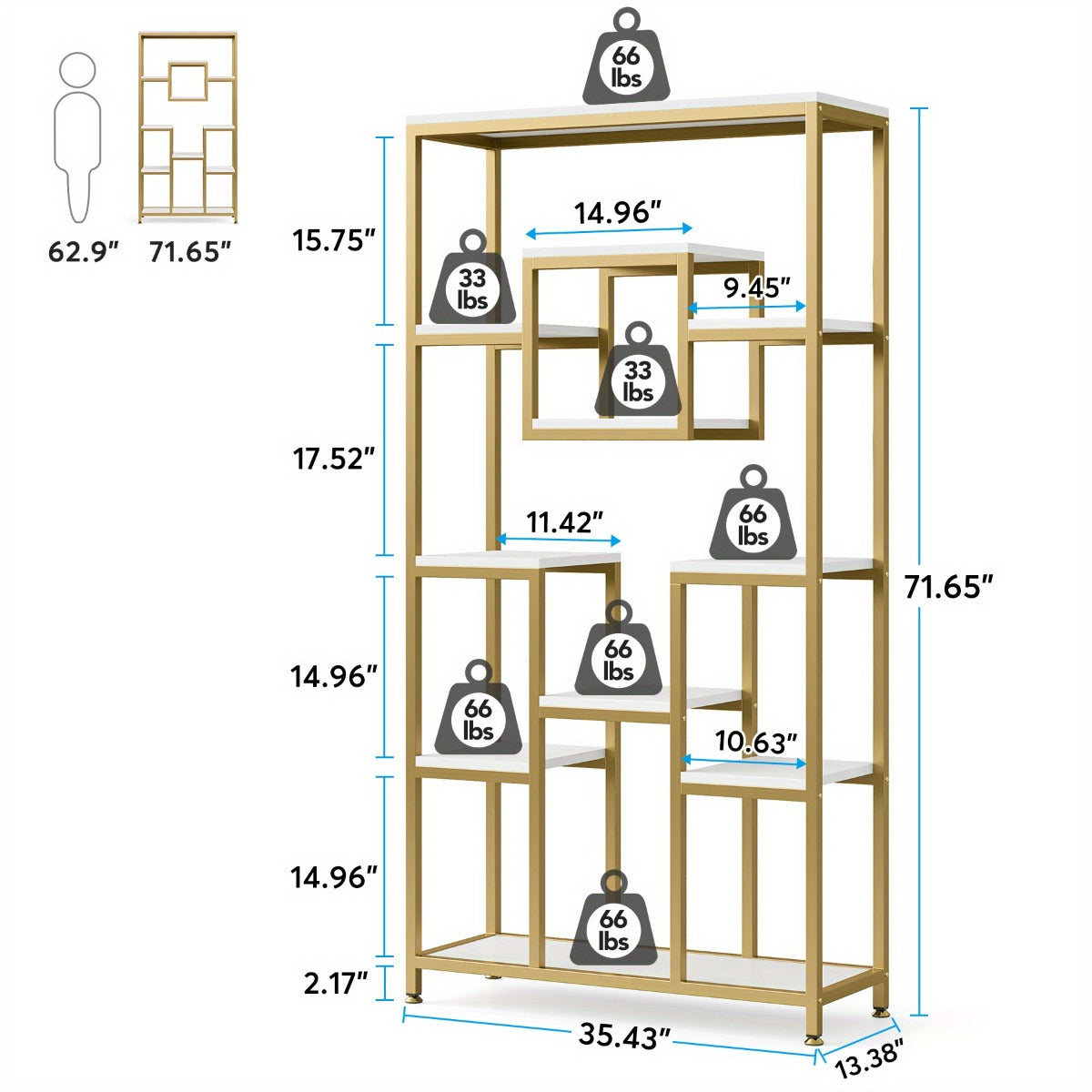 Golden & White 180.34cm Modern Tall Bookshelf - 11-Tier Large Heavy-Duty Bookcase with Geometric Cubed Design, Freestanding Open Shelving Unit, Sturdy Engineered Wood Construction, 68.58cm+ Height & 22.68 KG/Shelf Capacity, S
