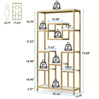 Golden & White 180.34cm Modern Tall Bookshelf - 11-Tier Large Heavy-Duty Bookcase with Geometric Cubed Design, Freestanding Open Shelving Unit, Sturdy Engineered Wood Construction, 68.58cm+ Height & 22.68 KG/Shelf Capacity, S