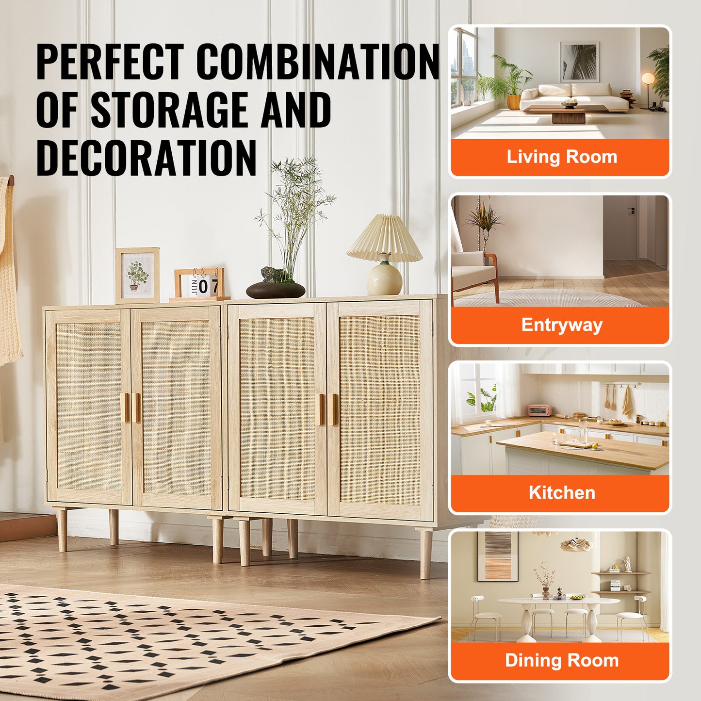 Rotan Kast – Opbergkast – Dressoir – Buffetkast – Ladekast – Handgevlochten Rattan Deuren – Verstelbare Planken – Set Van 2 – Natuurlijke Kleur