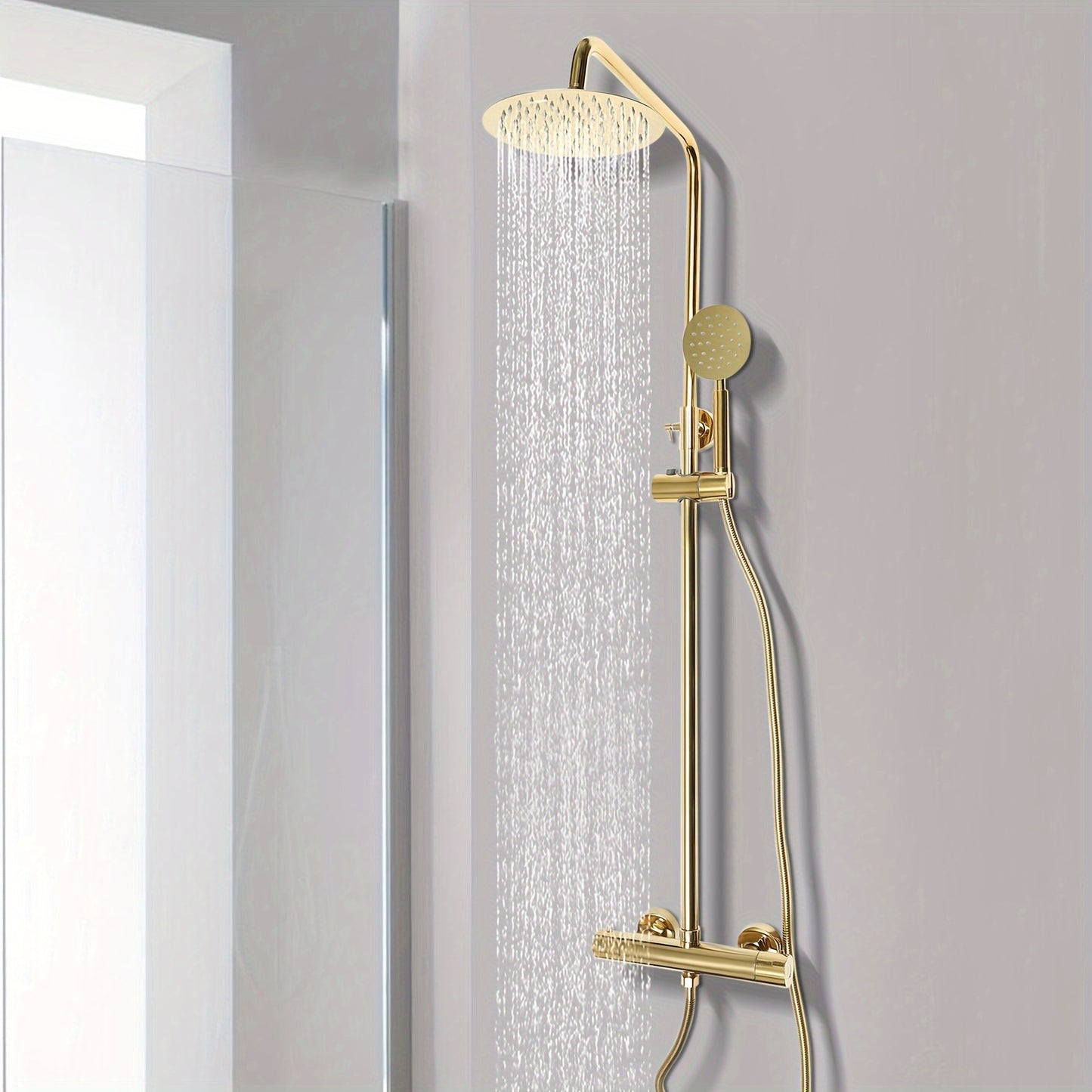 Douchesysteem – Regendouche – Douchekolom – Douchekraan – Doucheplaat – Thermostatisch – Messing Goud – 20 cm Regendouchekop – Verstelbare Hoogte 70-110 cm