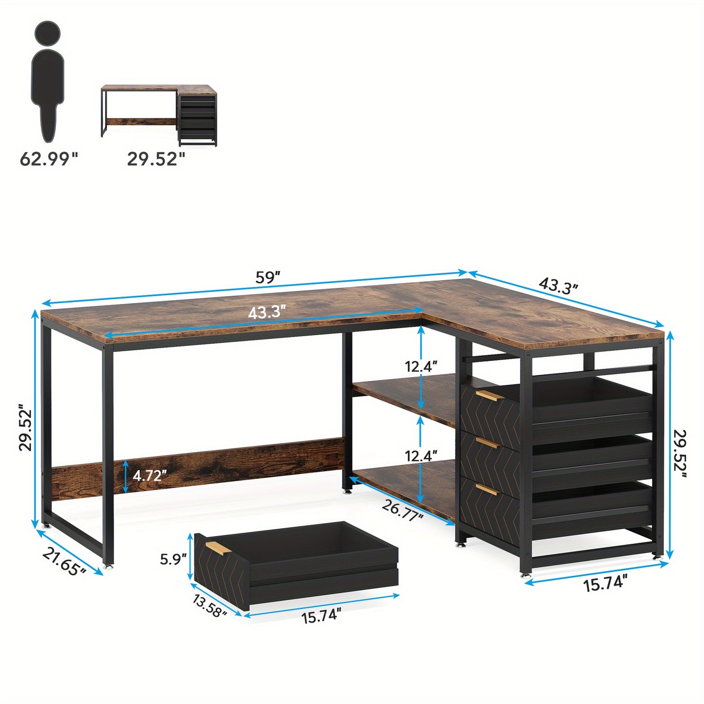Groot L-vormig Bureau – Hoekbureau – Computertafel – Werkplek – Bureau met Opberglades – Stevig Fiberboard – Wisselbare Hoekopstelling – Bruin Modern Design