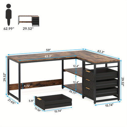 Groot L-vormig Bureau – Hoekbureau – Computertafel – Werkplek – Bureau met Opberglades – Stevig Fiberboard – Wisselbare Hoekopstelling – Bruin Modern Design